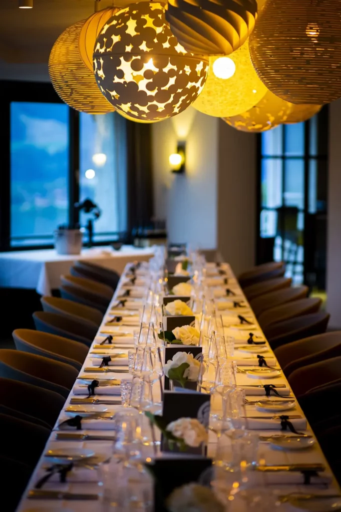 Lange Dinner-Tafel mit eleganter Dekoration in stilvollem Ambiente