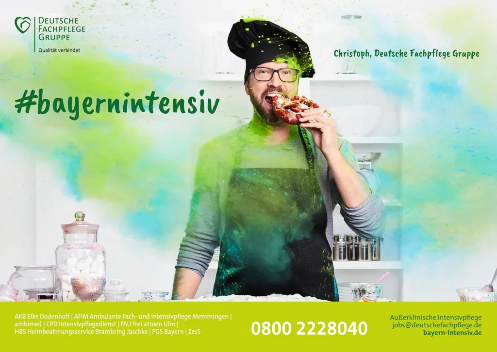 Pflegeexperte isst Donut, Werbung für bayerische Intensivpflege mit Kontaktinformationen